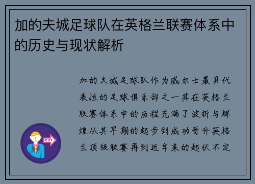 加的夫城足球队在英格兰联赛体系中的历史与现状解析 加的夫城足球队在英格兰联赛体系中的历史与现状解析