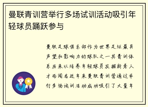 曼联青训营举行多场试训活动吸引年轻球员踊跃参与